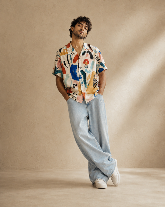 Abstract Brushstroke Printed Cuban Collar Shirt