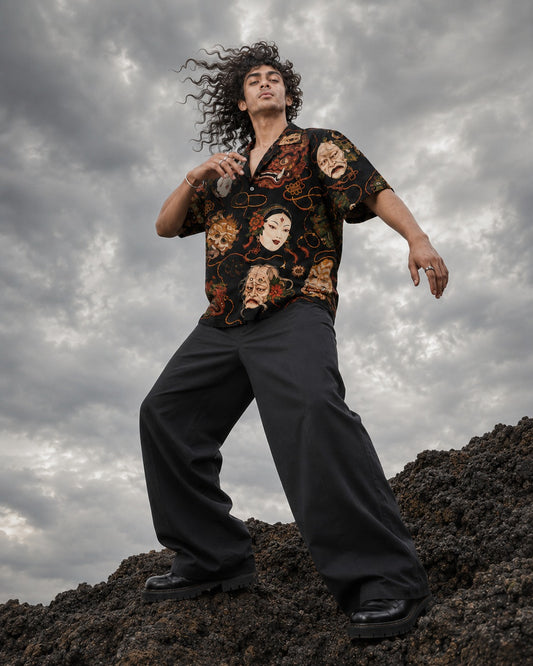 Kabuki Noir Printed Cuban Collar Shirt