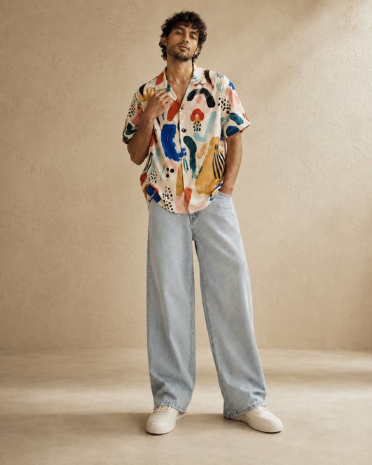Abstract Brushstroke Printed Cuban Collar Shirt