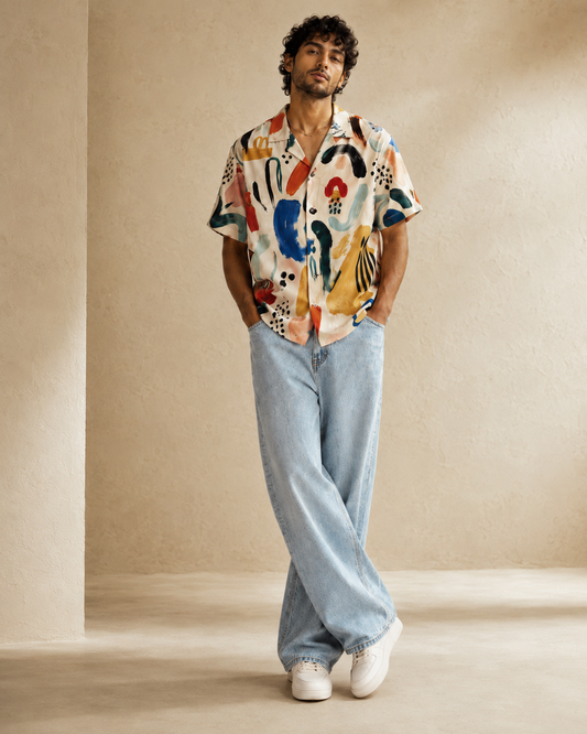 Abstract Brushstroke Printed Cuban Collar Shirt
