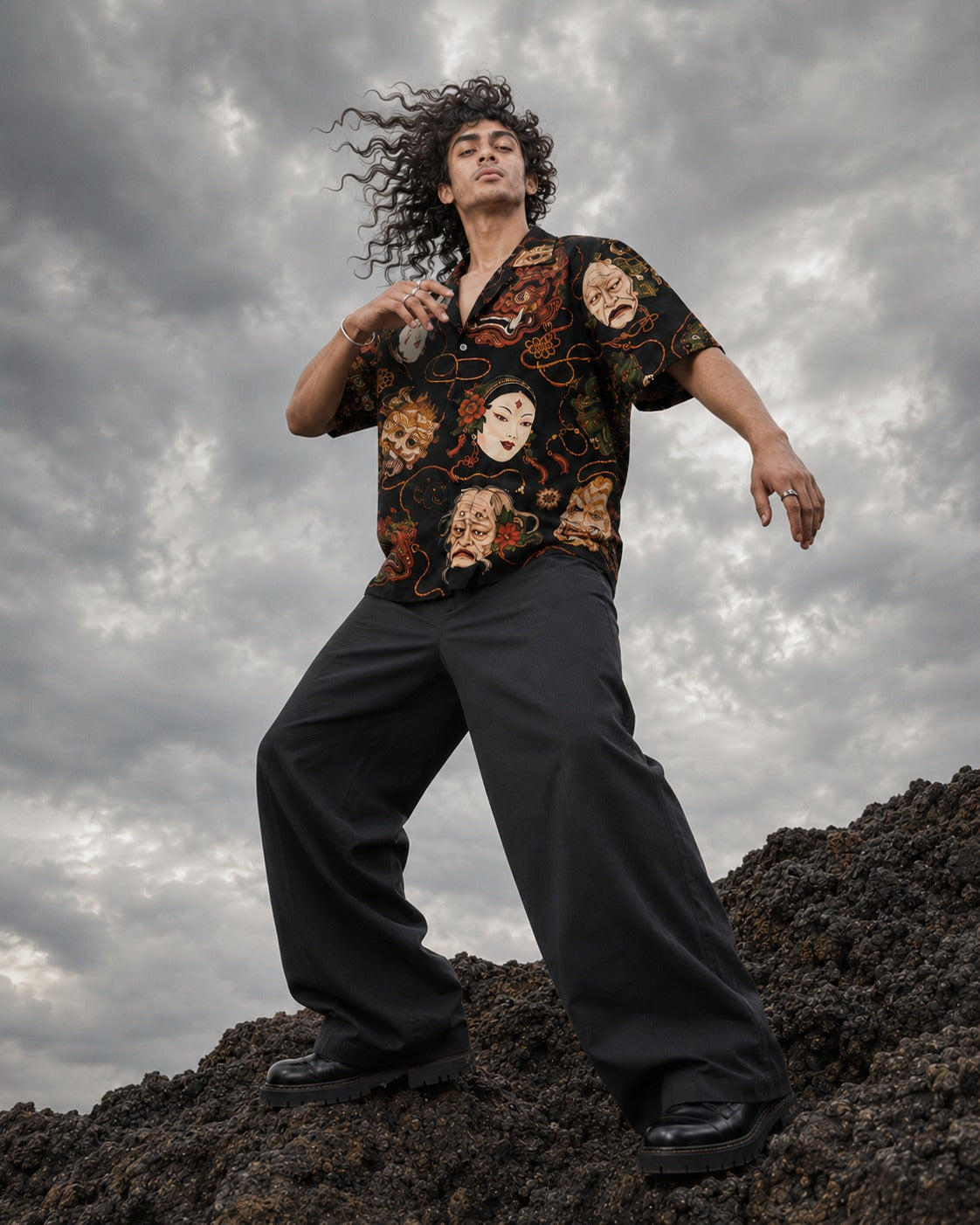 Kabuki Noir Printed Cuban Collar Shirt