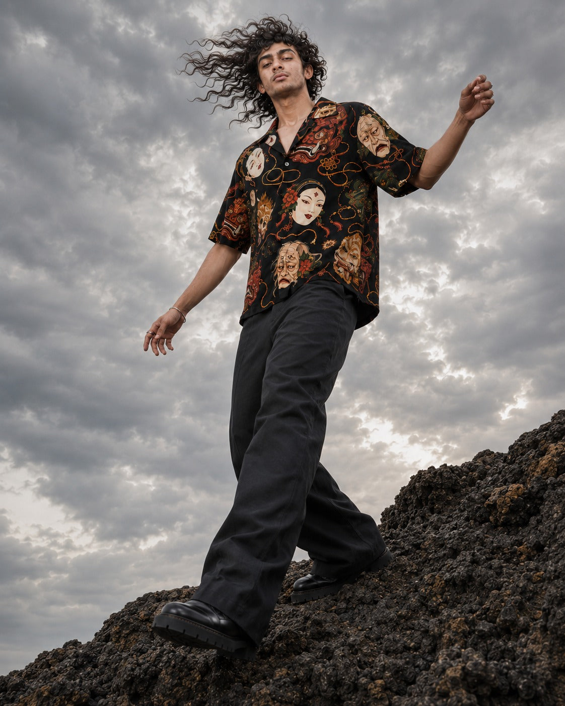 Kabuki Noir Printed Cuban Collar Shirt